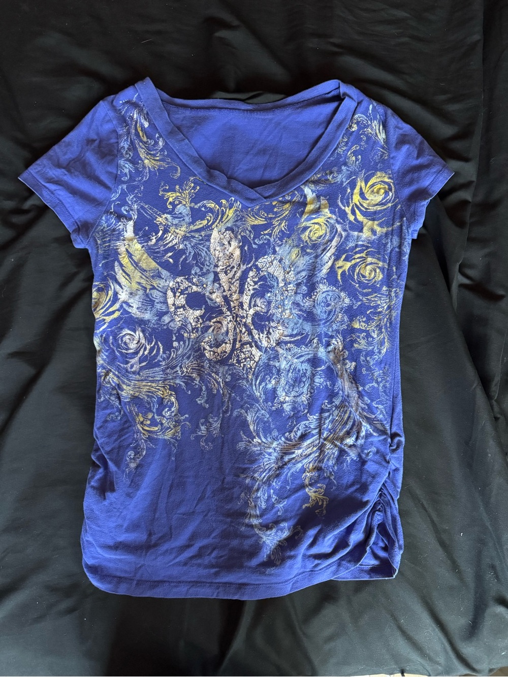 Women’s Blue Y2K Affliction Style Graphic Fleur-de-Lis Short Sleeve Top